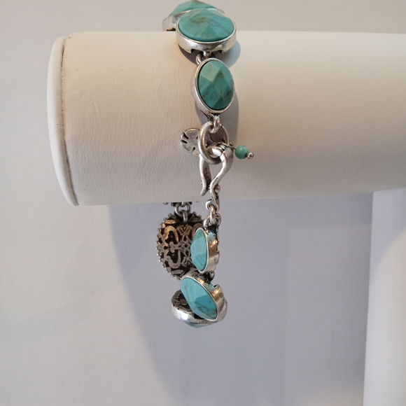 Lucky Brand Gem Bazaar Turquoise Stone Rounds Silver Tone Link Bracelet 7.5" - Picture 8 of 10